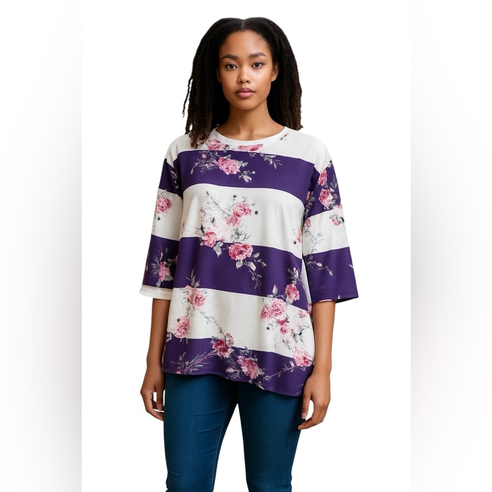 CEASIKERY FLORAL PRINT PULLOVER TOP Size XL Purple, White, Pink, Green &…